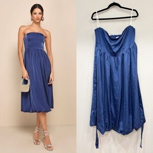 Sz XL NWOT Lulus Lavish Elegance Navy Blue Satin Strapless Bubble-Hem Midi Dress